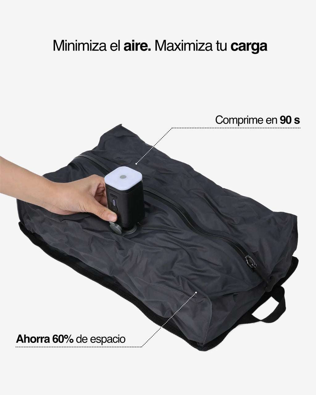 Bolsa de compresión NVMA siendo vaciada con bomba eléctrica, reduciendo el aire para ahorrar un 60% de espacio en 90 segundos.