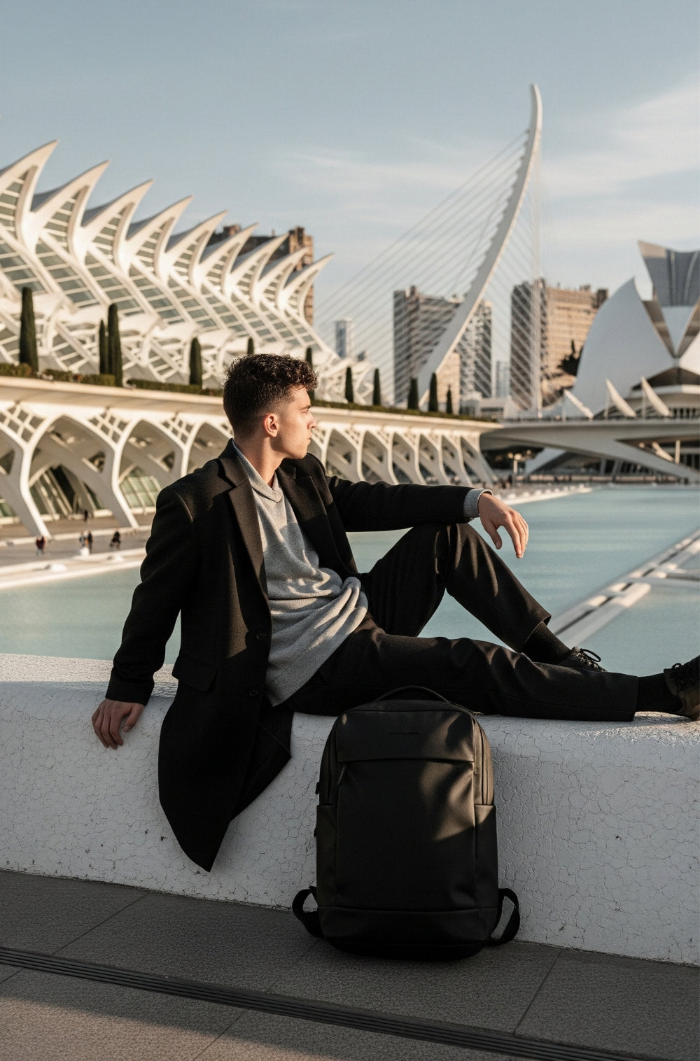 Hombre joven sentado de forma relajada en la Ciudad de las Artes y las Ciencias (Valencia), con una mochila negra NVMA colocada verticalmente a su lado. Fotografía lifestyle que destaca la estructura firme y el diseño minimalista de la mochila frente a un fondo arquitectónico icónico.
